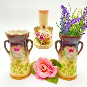 Antique Czechoslovakian Ceramic Floral Rose Double Handle Mini Vases Set of 3